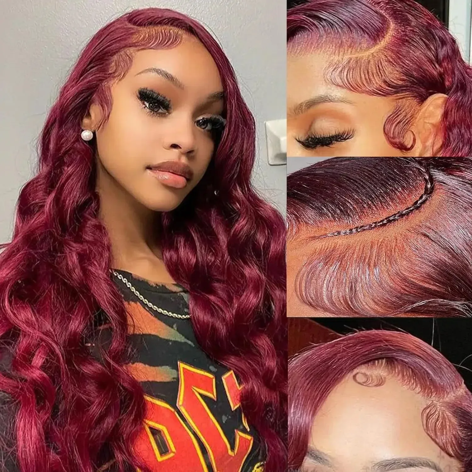 99J Burgundy 180 Density Body Wave 13x6 Lace Front Wig 13x6 Human Hair 16 32 Inch Lace Frontal wig Red Wine Colored Brazilian