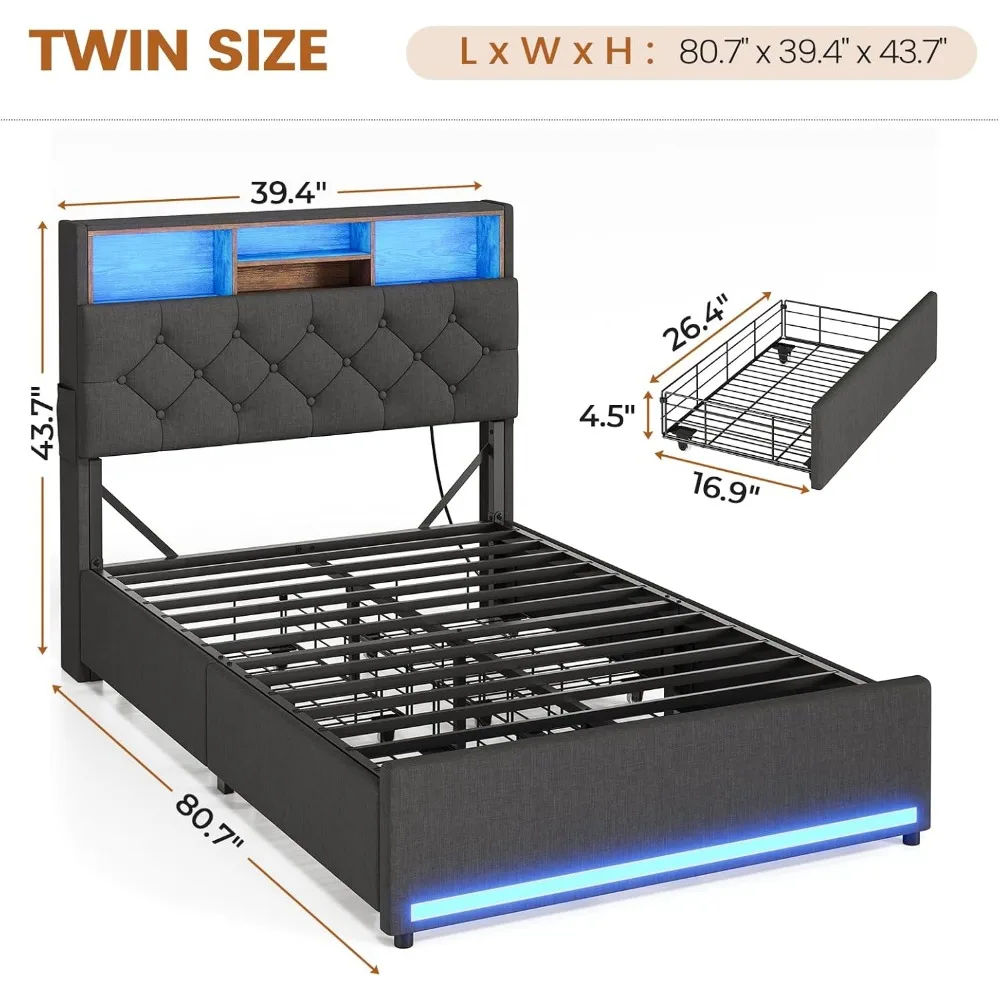 Full Bed Frames with Headboard & 4 Drawers LED Bed Frame Twin with Charging Station Upholstered and Metal Twin Bed with Storage