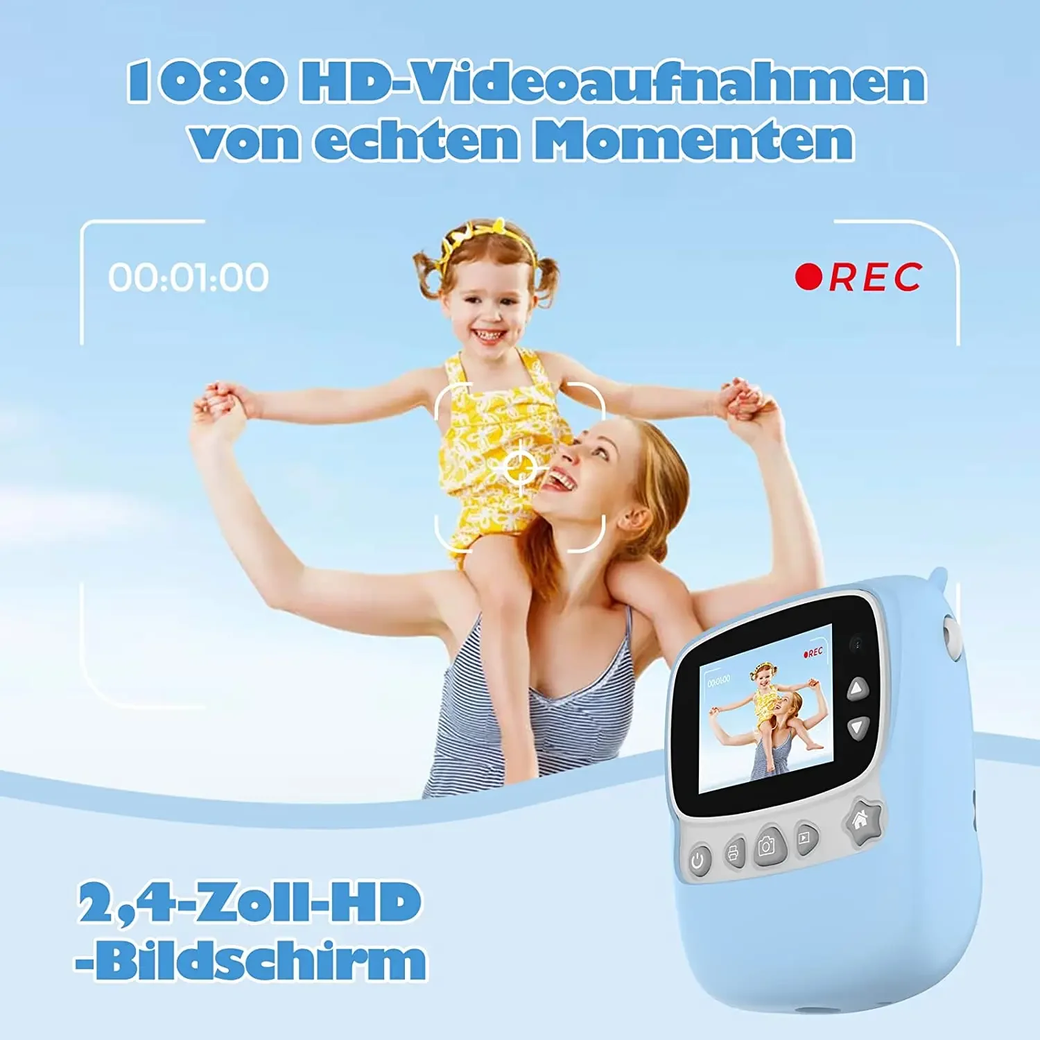 Appareil photo numérique instantané pour enfants, appareil photo selfie, 30MP, WiFi 1080P, 2.4 pouces, carte TF 32 Go, cadeau pour garçons et filles, bleu