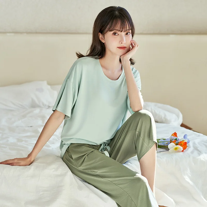 

Women Pajamas Sets 2 Pieces Solid Pijama Modal O-Neck Pyjama Female Sleepwear Short Sleeve Top Shorts Suits Homewear Nightwear