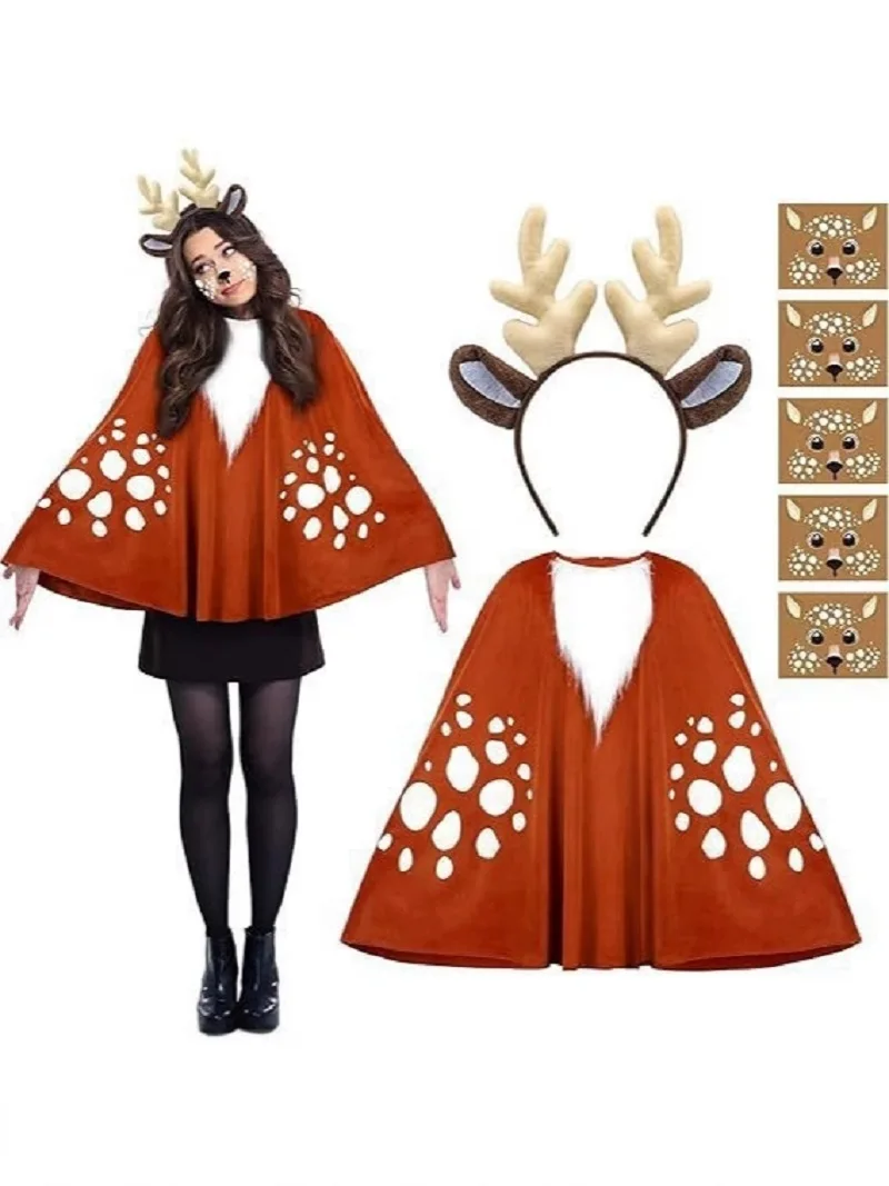 Gilr's Elk Fur Cape Halloween Christmas Cloak Hairband Face Sticker Set