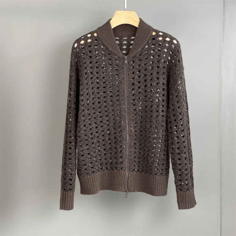 

25 Autumn/Winter Women's V-Neck Zipper Loose Sequin Hollow Cardigan Knitted Sweater