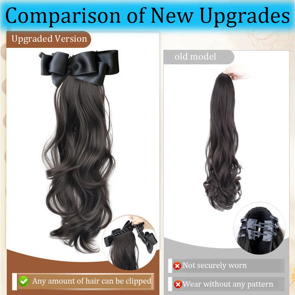 Elegant Synthetic Silk Bowknot Banana Claw Clip Ponytail Wig With Grab Clip Long Wavy Layered Ponytail for Women Daily Party Use
