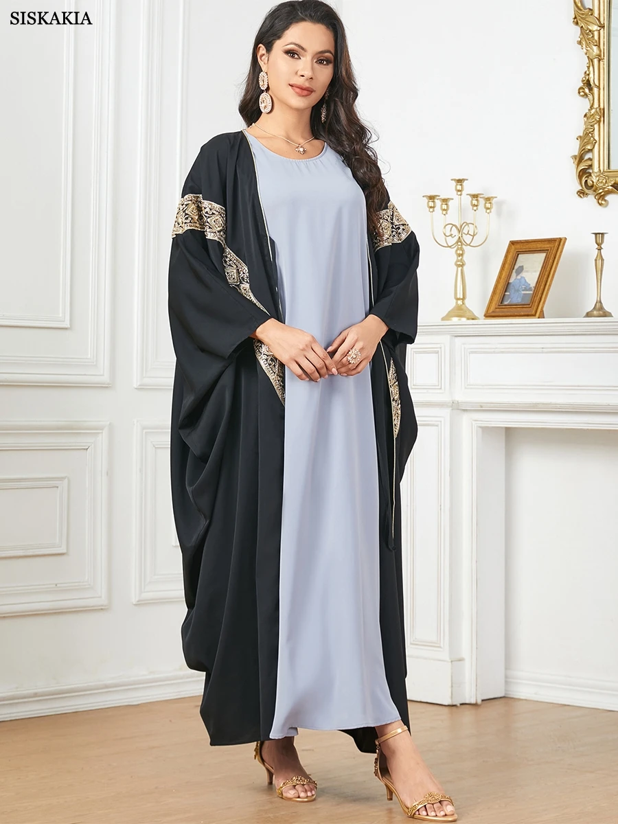 Siskakia Luxury Open Abayas For Muslim Female Moroccan Caftan Woman Batwing Sleeve Fashion Elegant Loose Long Evening Dress