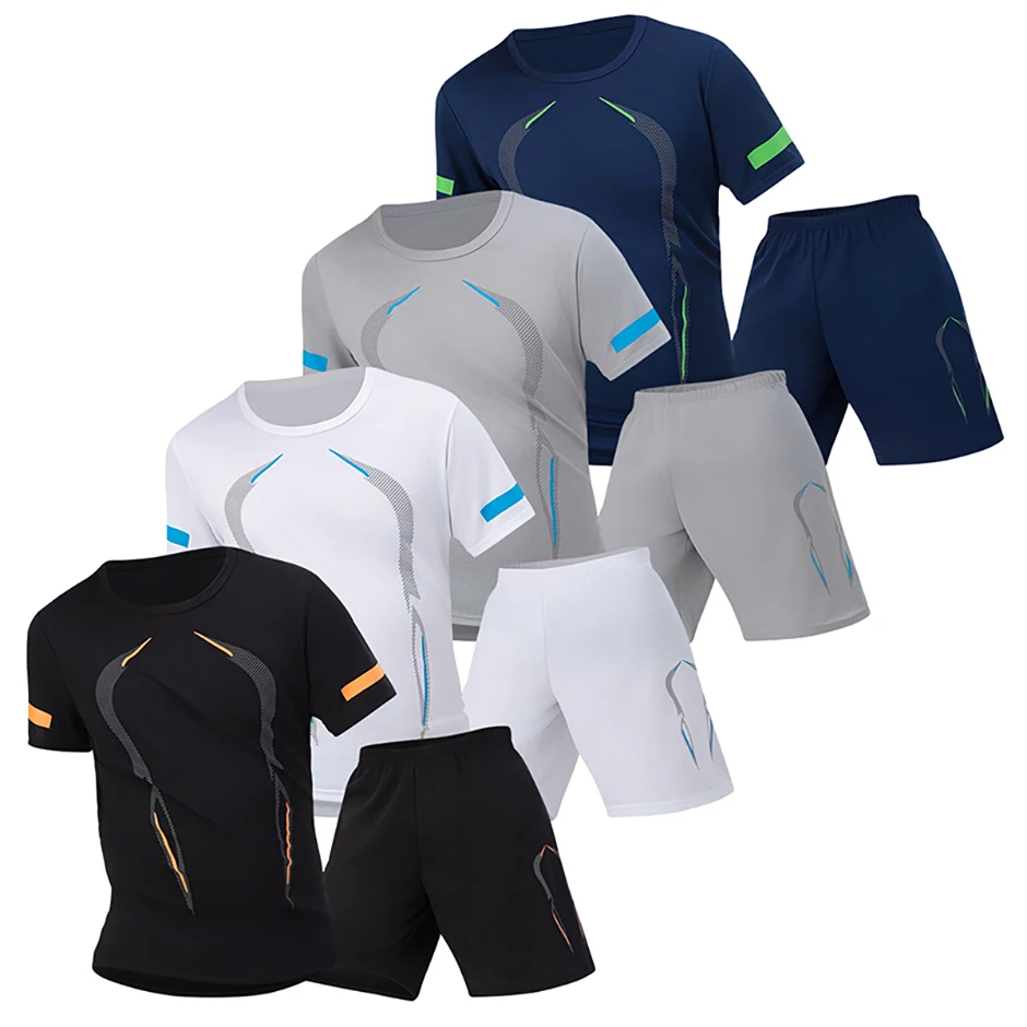 2-teiliger Herren-Sportanzug aus Mesh, atmungsaktiv, schnell trocknend, locker, Übergröße, Laufen, Fitness, Bergsteigen, lässig, kurzärmelige Shorts – Detail 2
