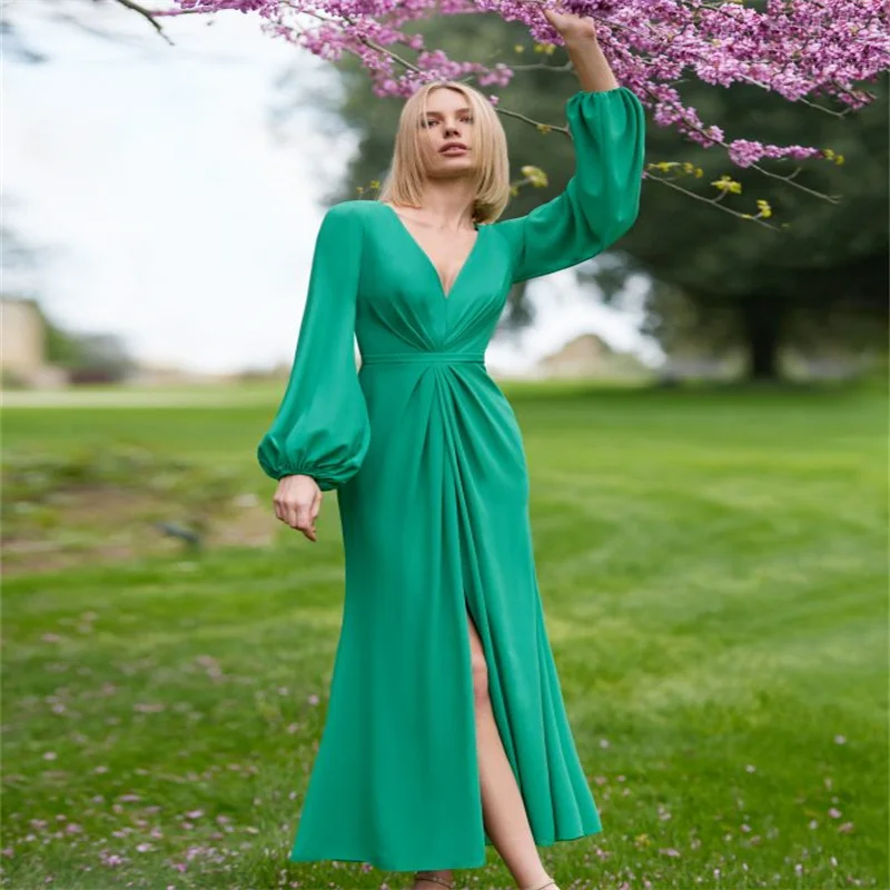 MULONG Green Long Sleeve Dress Mom Of The Bride 2023  Split Front mother V Neck Elegant Of The Bride Dress Big Size New Fashoin