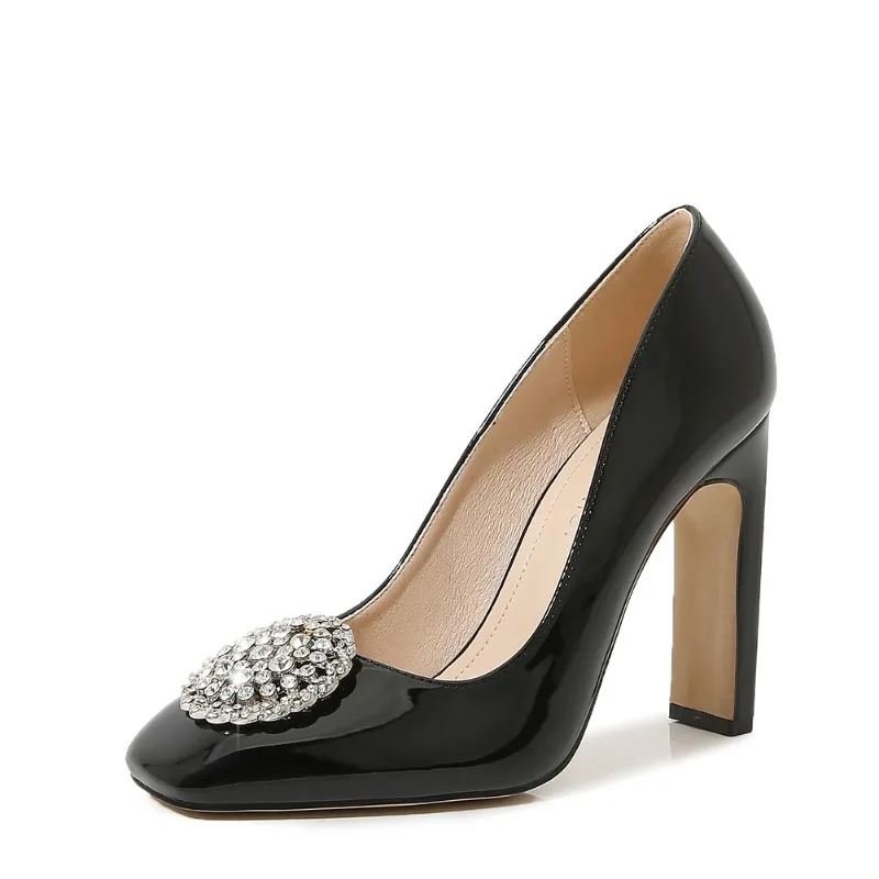 

10cm Square Heel Patent Leather Women Single Shoe Shallow Mouth Square Head High Heel Detachable Rhinestone Buckle Wedding Shoes