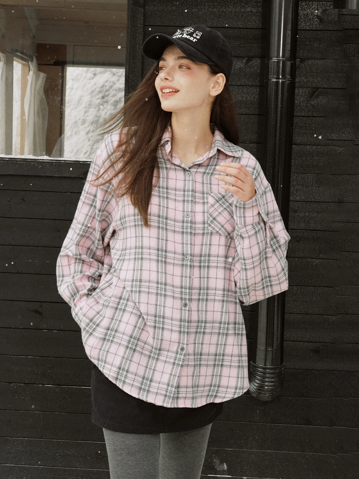 

Yescci Autumn Winter Plaid irt Women's Lazy Sle Loose Long Sve Pink irt Casual Sle Polyester Cotton V-Ne Dr S...