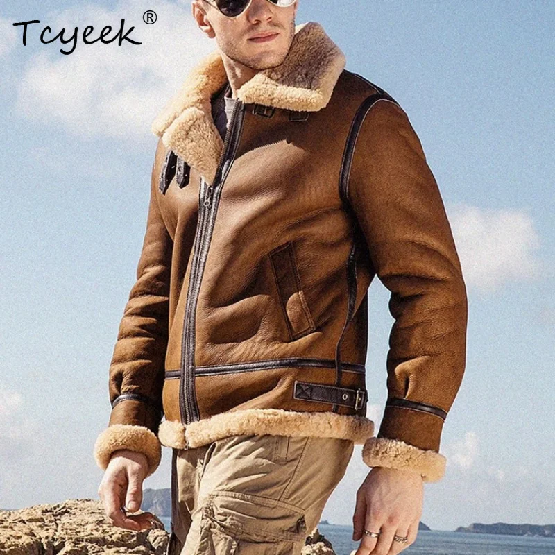 Tcyeek Natural Merino Sheep Fur Coat Men Flight Jacket Warm Lamb Wool Real Fur Mens Coats Winter Clothes Fashion Куртка Мужская