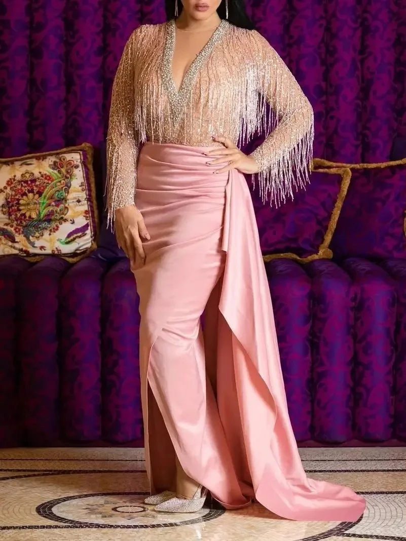 

Новое женское платье с длинными рукавами, бронзовым эффектом и бахромой, весна 2026, в стиле ретро-тренд