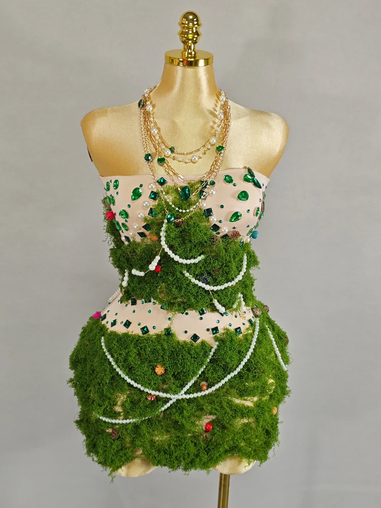 Elegante verde strass saia curta grama falsa ombro-livre cantor evento traje lady gaga festival de aniversário arrastar outfit