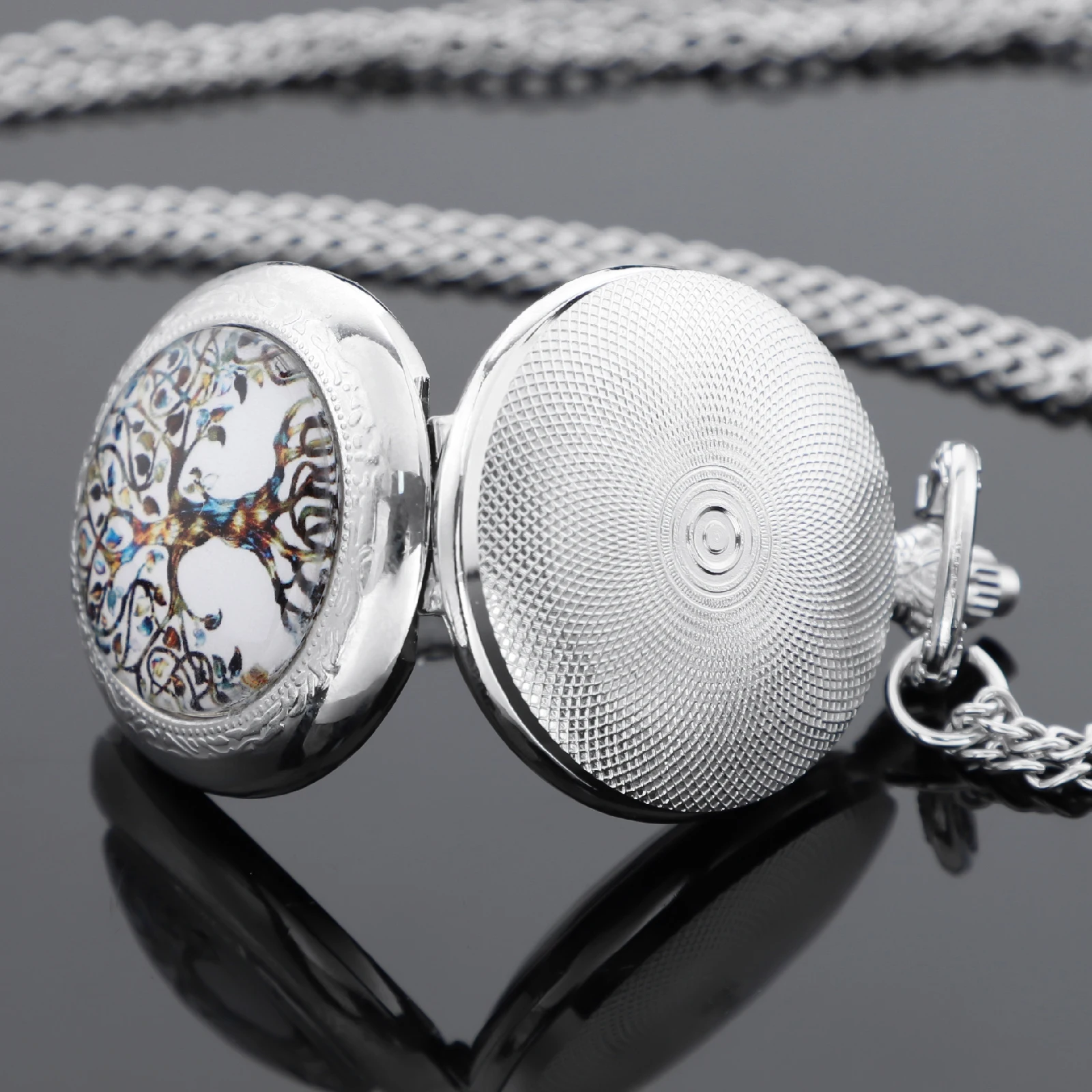 Personalised Fashion Silver Stainless Steel Tree of Life Glass Dome Quartz Pocket Watch Necklace Women Jewelry Pendant Chain