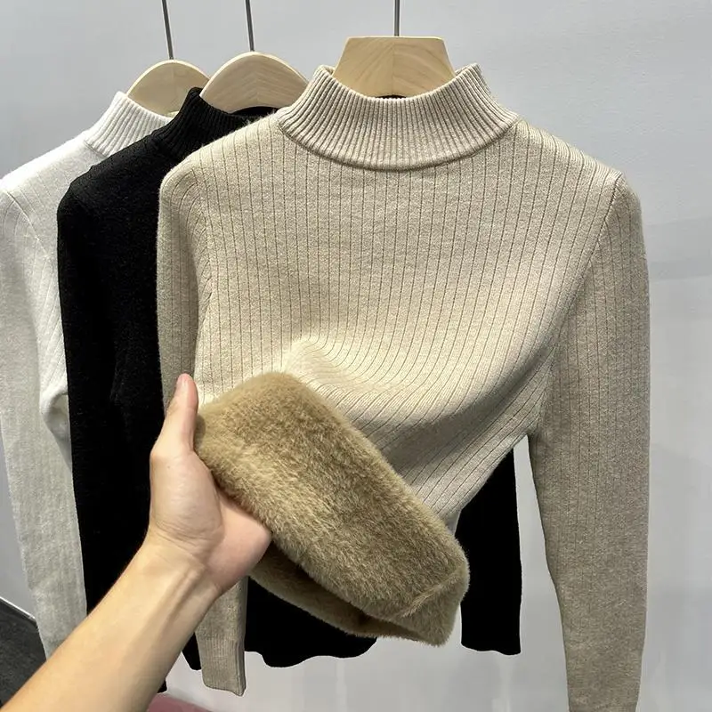 

Half turtleneck sweater women plus fleece thick base shirt 2024 new autumn and winter thermal top trend