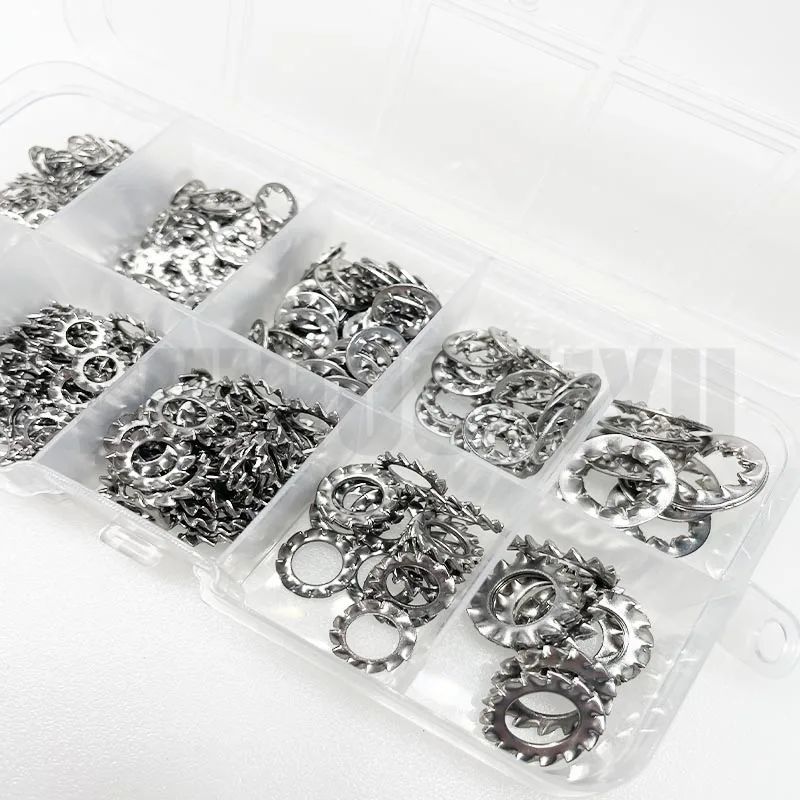 500 قطعة/صندوق مزيج M3 M4 M5 M6 M8 الخارجية الداخلية مسننة قفل غسالة طوقا مجموعة متنوعة 304 A2-70 الفولاذ المقاوم للصدأ