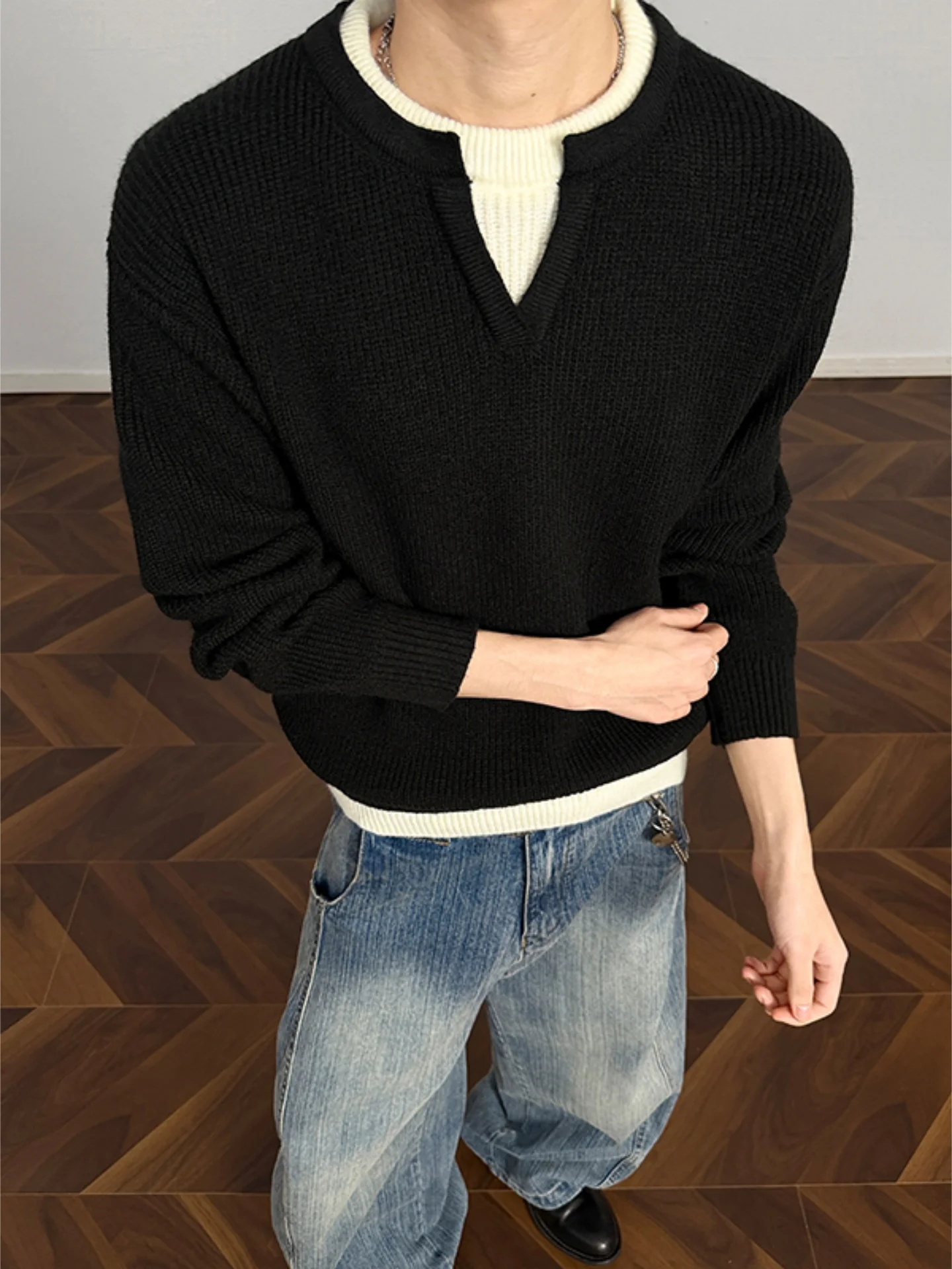 

Мужской вязаный свитер с V-образным вырезом, имитация двухслойности, осенне-зимний, однотонный, базовый, с длинным рукавом, в стиле ретро, повседневный топ