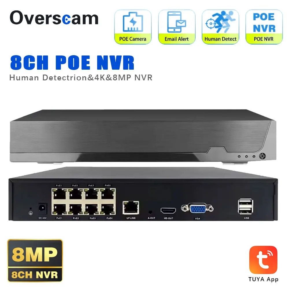Tuya Smartlife 4K 8CH POE NVR 8MP CCTV Security System AI Human Detection H.265+ Network Surveillance Audio Video Recorder NVR