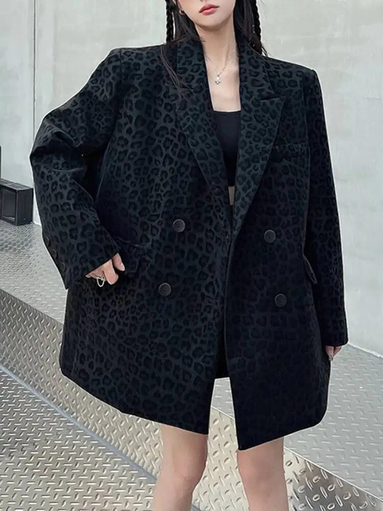 Streetwear Leopard Print Blazer Coat Long Sleeve Double Breasted Women Loose Office Lady Suit Jacket 2026 Winter 16OU0W9