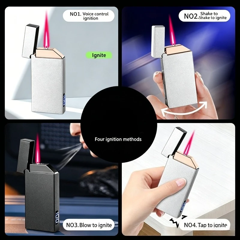 Intelligent Voice Controlled Gas Electric Integrated Windproof Red Flame Lighter Digital Power Display Cigarette Cigar Lighter