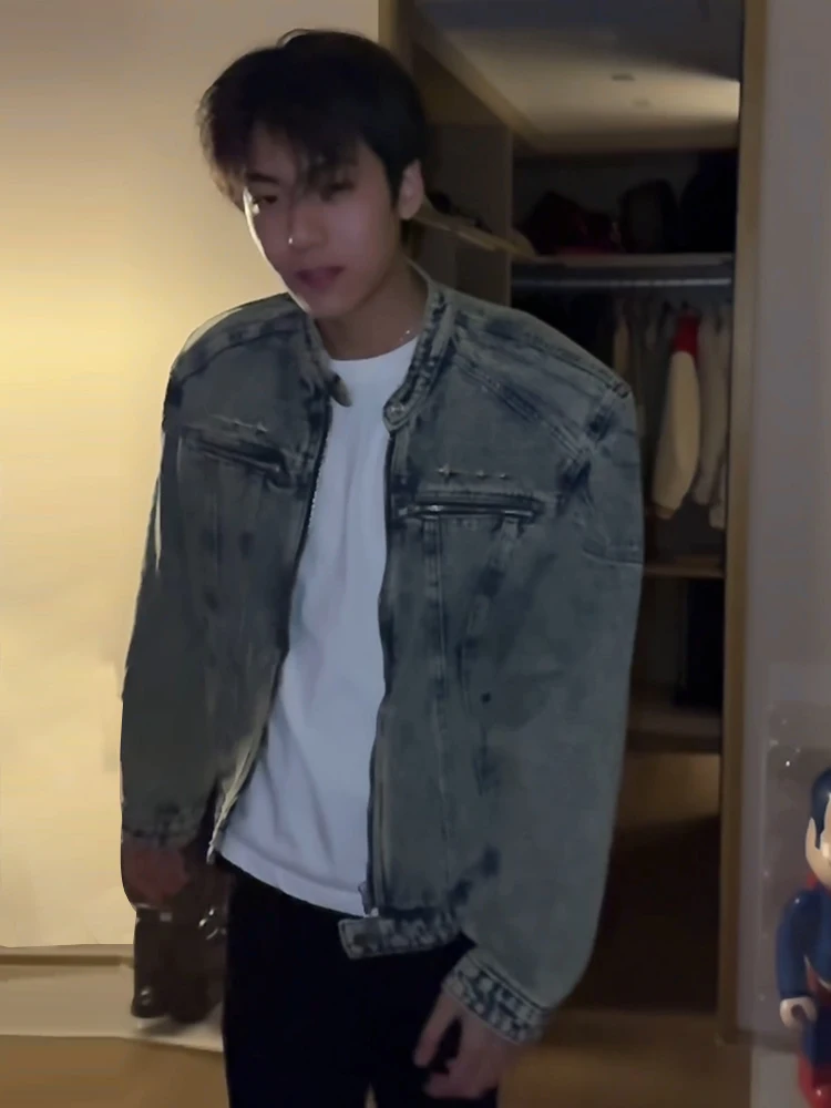 

Мужская джинсовая куртка American Style High Street с подплечниками, весна-осень, винтажная, укороченная, из хлопка и полиэстера