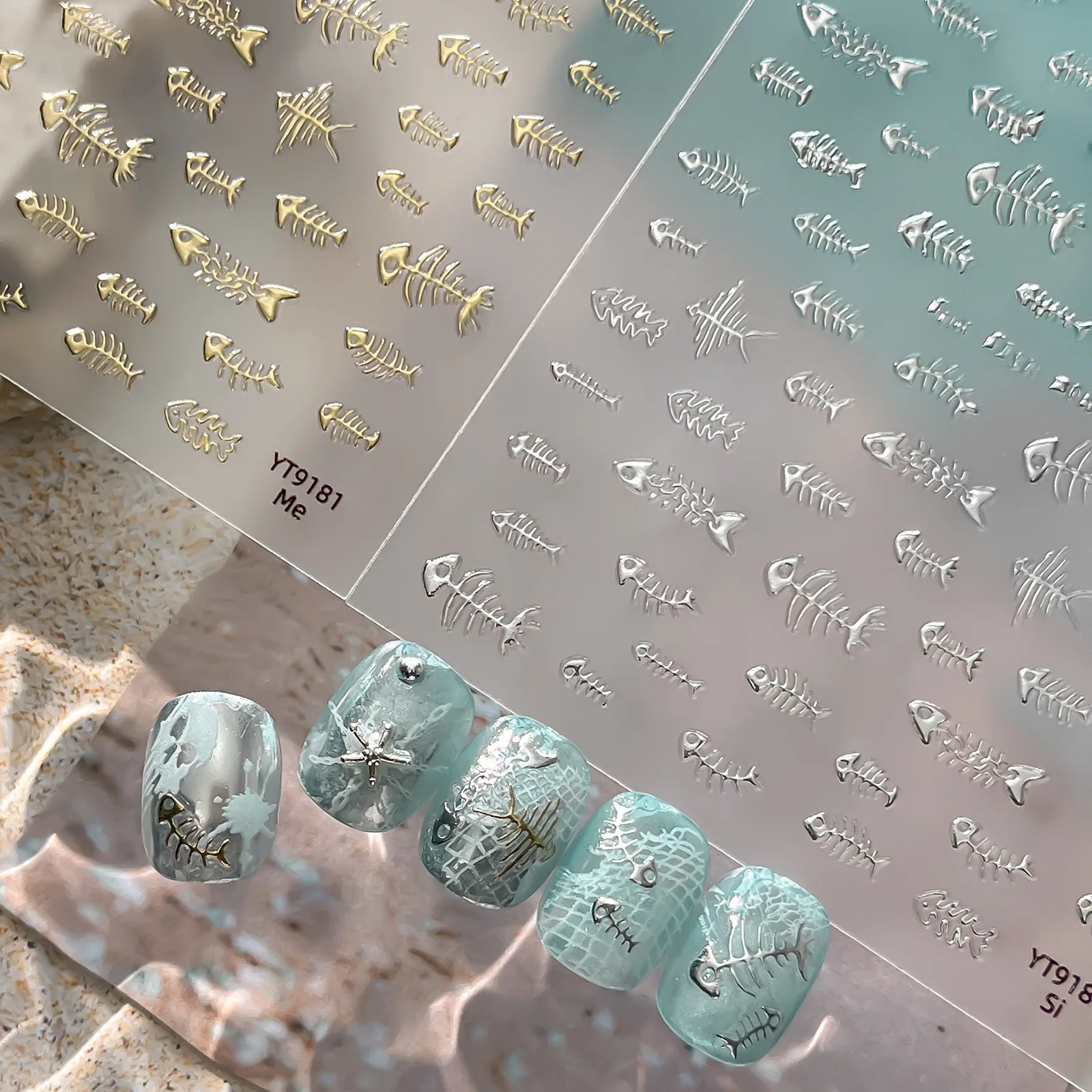 5D Metallic Cute Fish Bone Nail Stickers Gold Silver Skeleton Fish Self-Adhesive Nail Decals Ocean Summer Manicure Accessories