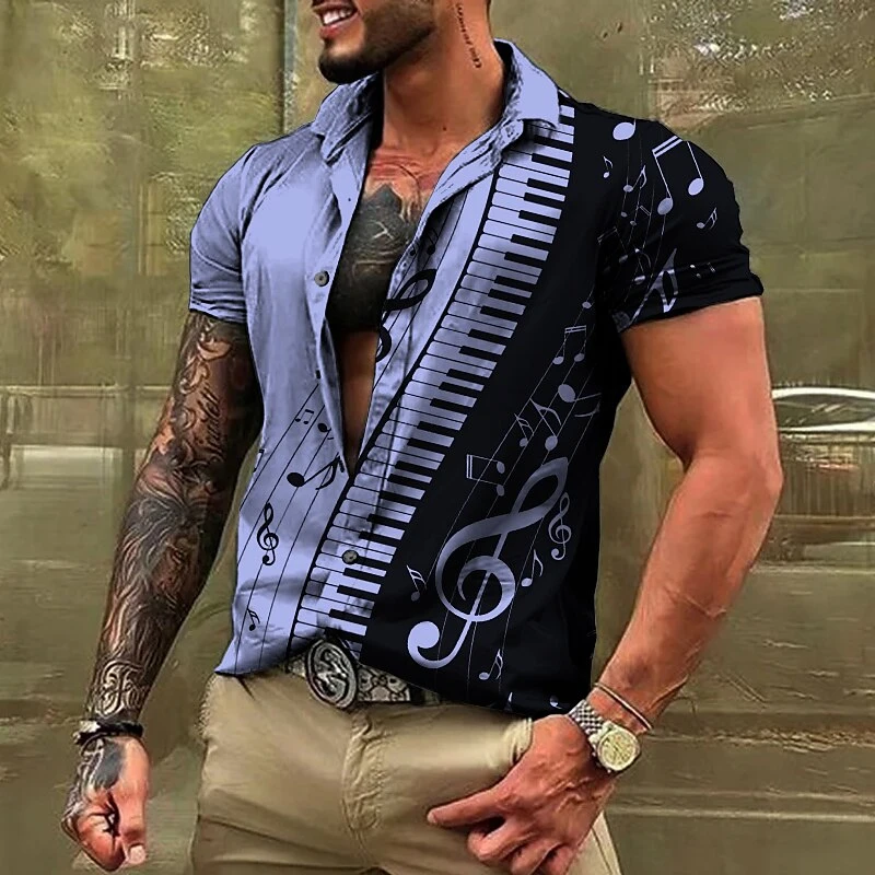 Camisa con estampado gráfico de notas musicales para hombre, solapa de teclas de Piano, botón de manga corta informal, ropa de calle de moda, diseñador suave