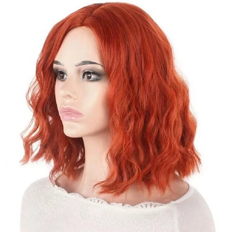 

Wig for European and American women, water wave texture, air bangs, orange short curly hair, synthetic fiber headpiece