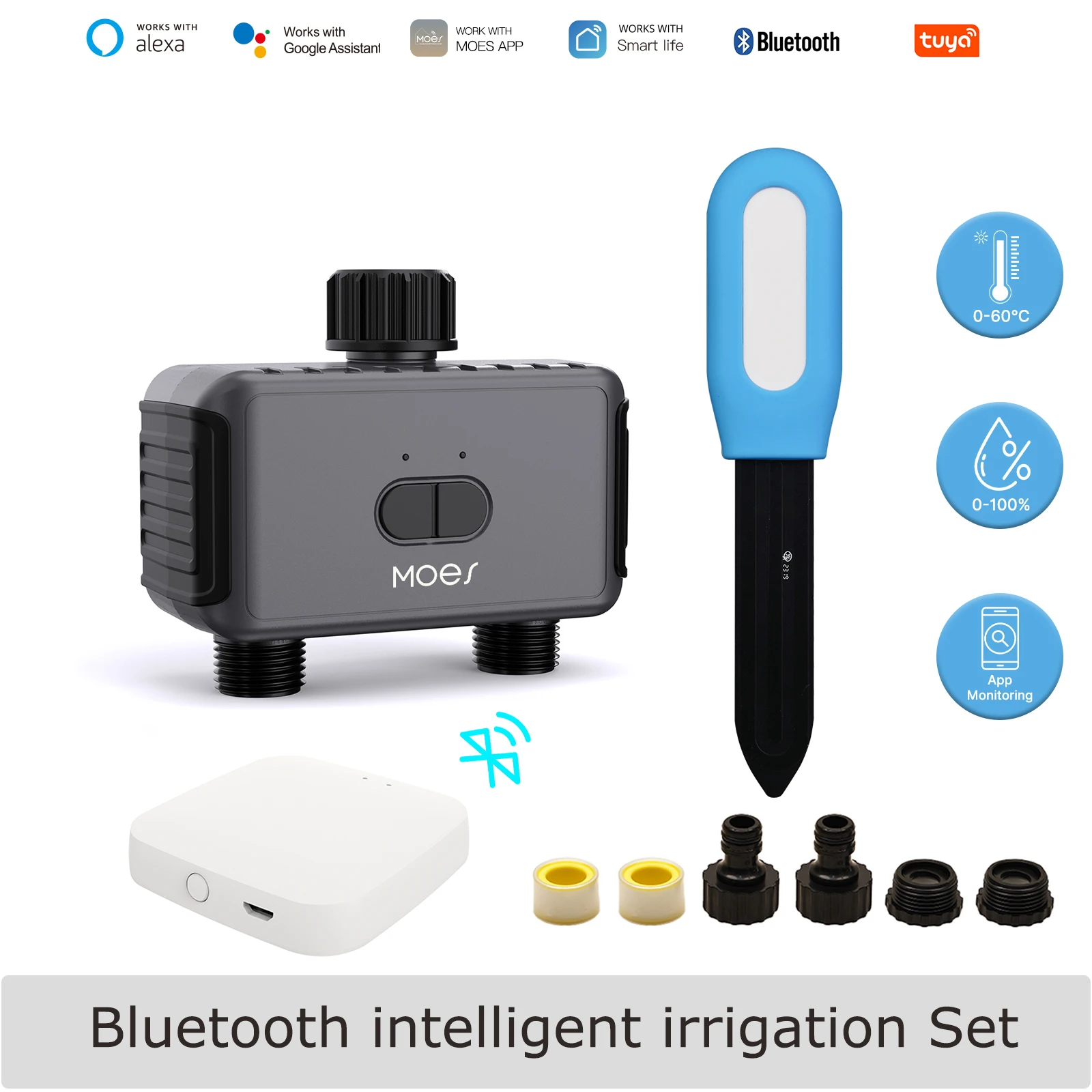 Tuya Bluetooth Watering Timers With Soil Temperature Humidity Sensor Garden Automatic Dual Outlet Irrigation System Voice Alexa
