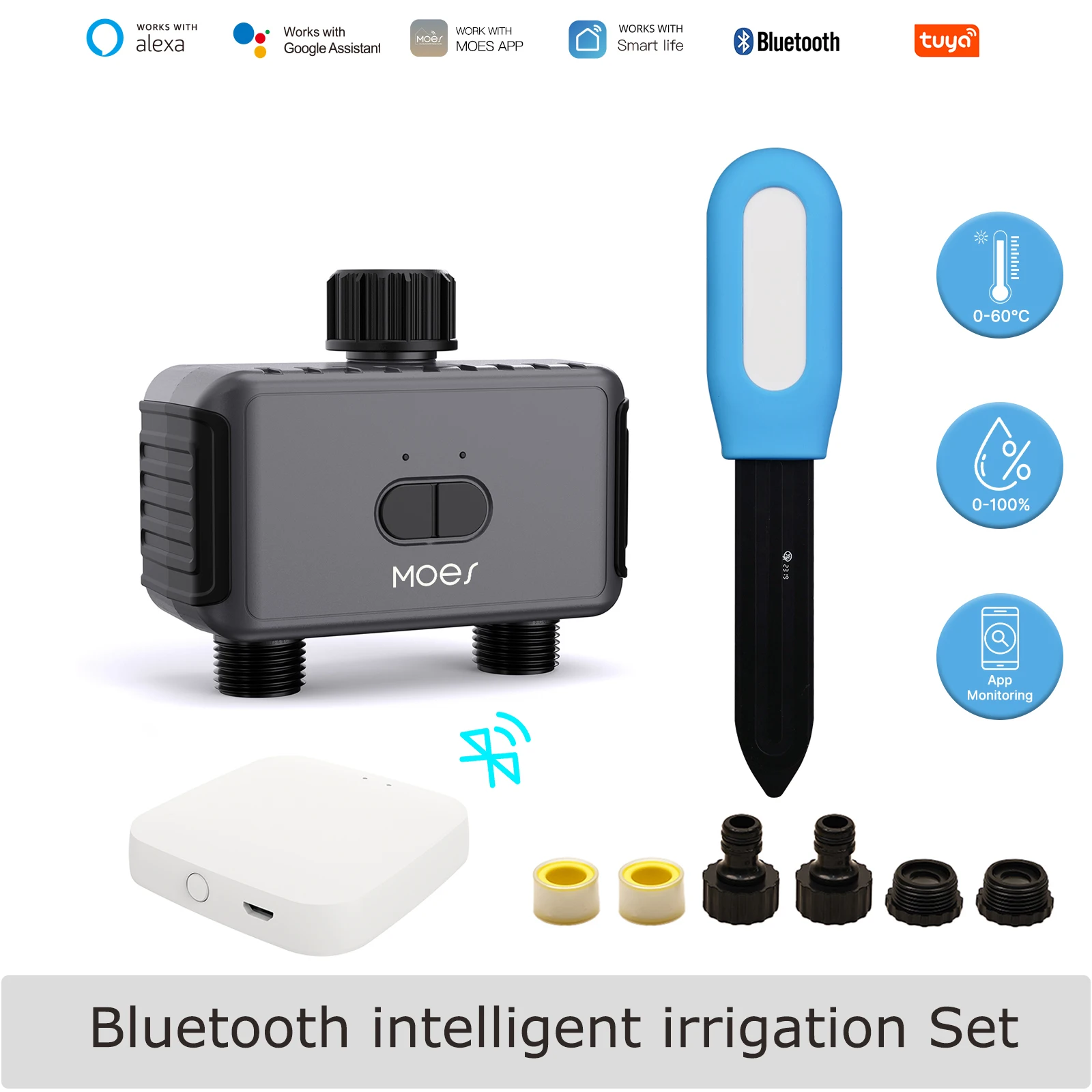 투야 블루투스 급수 타이머, 토양 온도 습도 센서 포함, 정원 자동 듀얼 콘센트 관개 시스템, 음성 알렉사