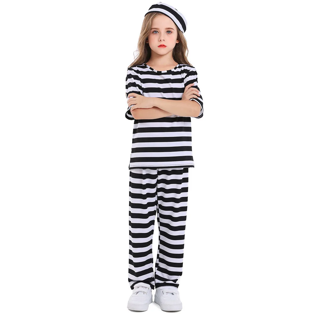 Unisex Kids Children Black White Stripes Prisoner Uniforms Cosplay Girls Halloween Criminal Costumes Carnival Purim Party Dress