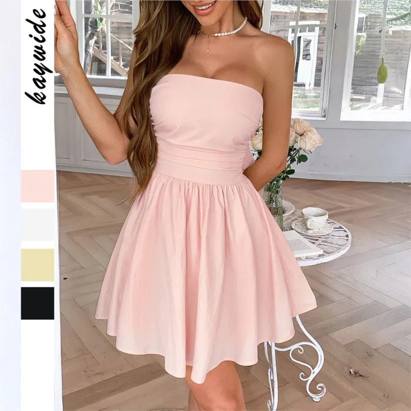 

Elegant Pink Backless Pleated tube top Mini Dress Women Off Shoulder Sleeve Puff Hem A-line Dress Summer Lady Partywear clothing