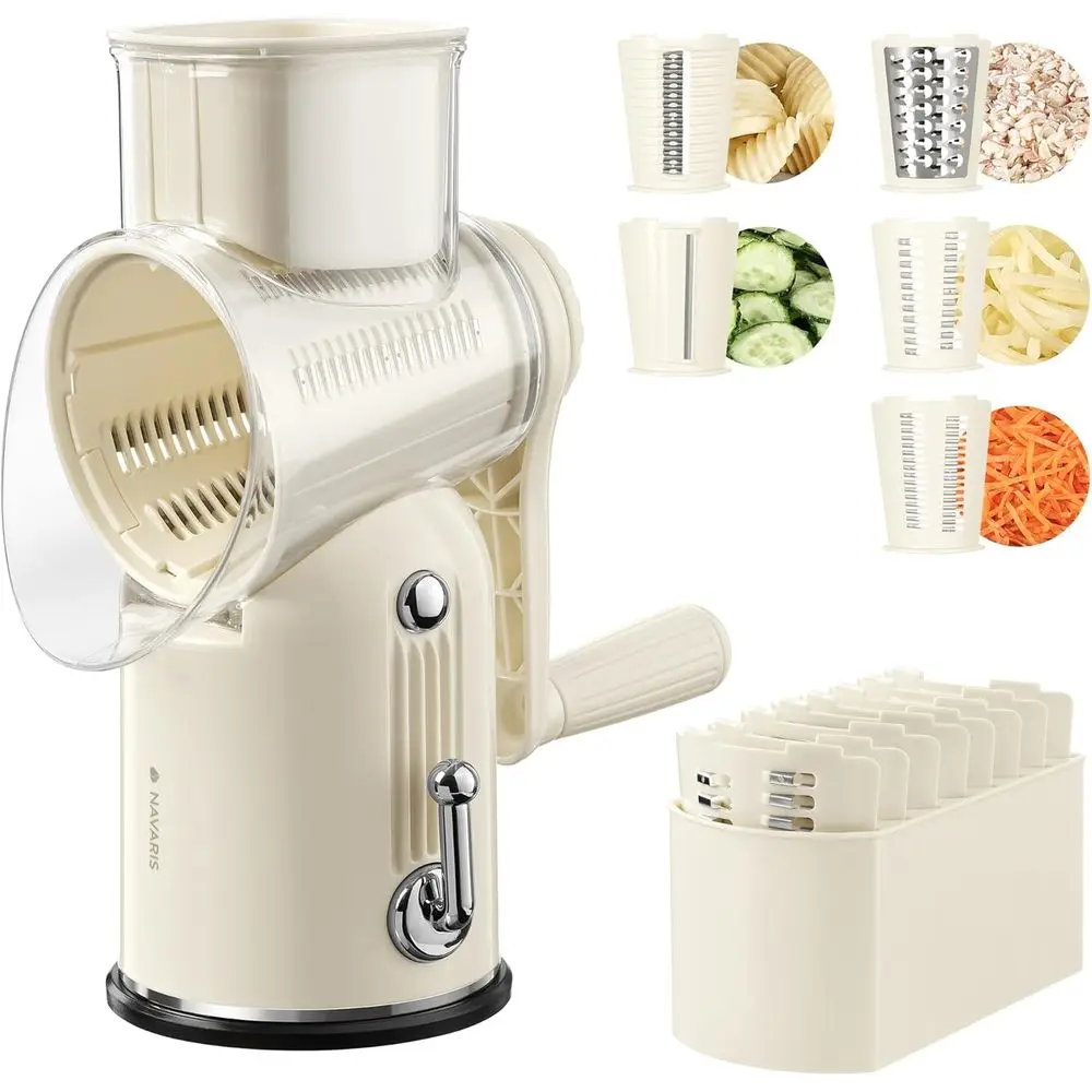 Rallador de queso giratorio de 5 cuchillas, base de succión, rebanador mandolina, apto para lavavajillas, caja de almacenamiento, fácil de limpiar, color crema