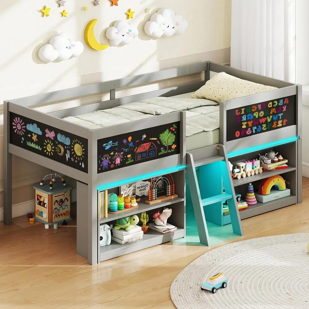 

Low Profile Bed with LED Lights and Chalkboards, Twin Bed with Storage Bookcase and Under-Bed Storage, Kids' Grey Bed with Stora