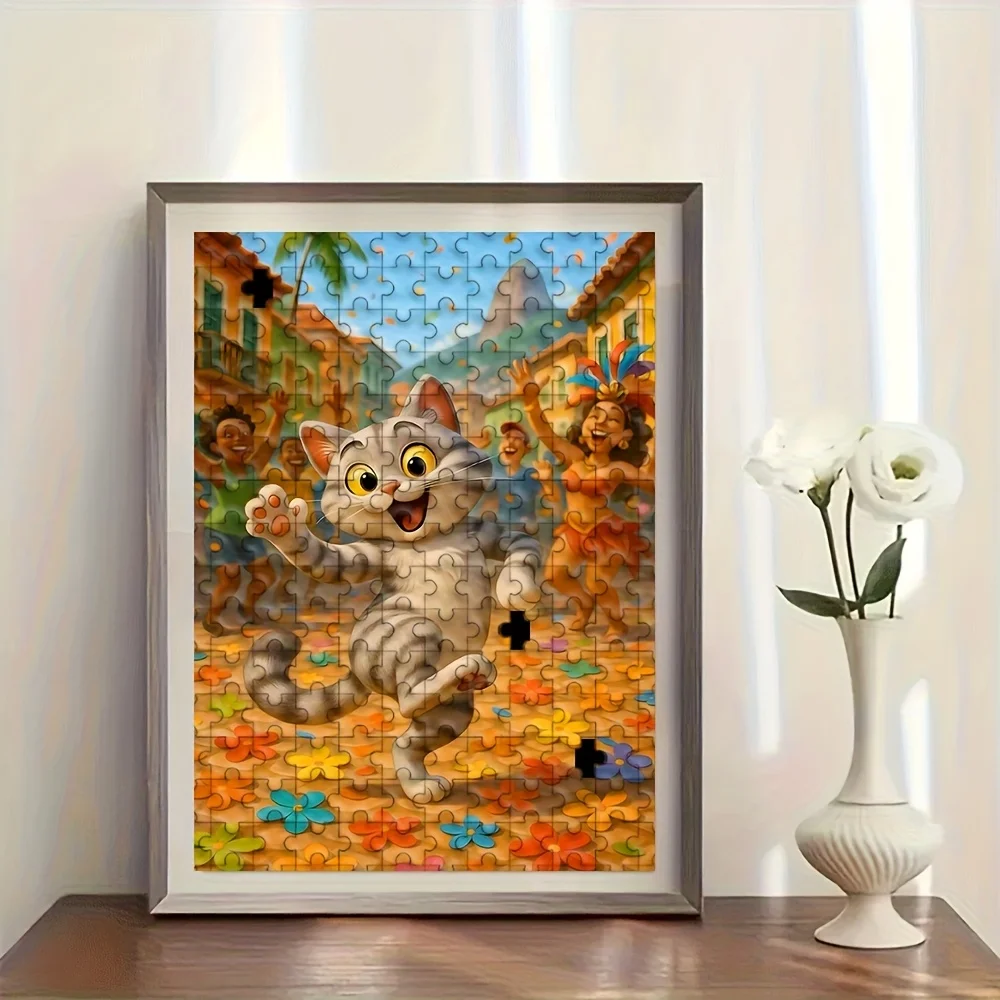 Festliches Karnevalspuzzle mit Katze in Rio-Straßenszene, Puzzle für Erwachsene, fröhliches Thema, geistiges Spiel, Heim- und Freizeitdekoration, Puzzle-Spielzeug