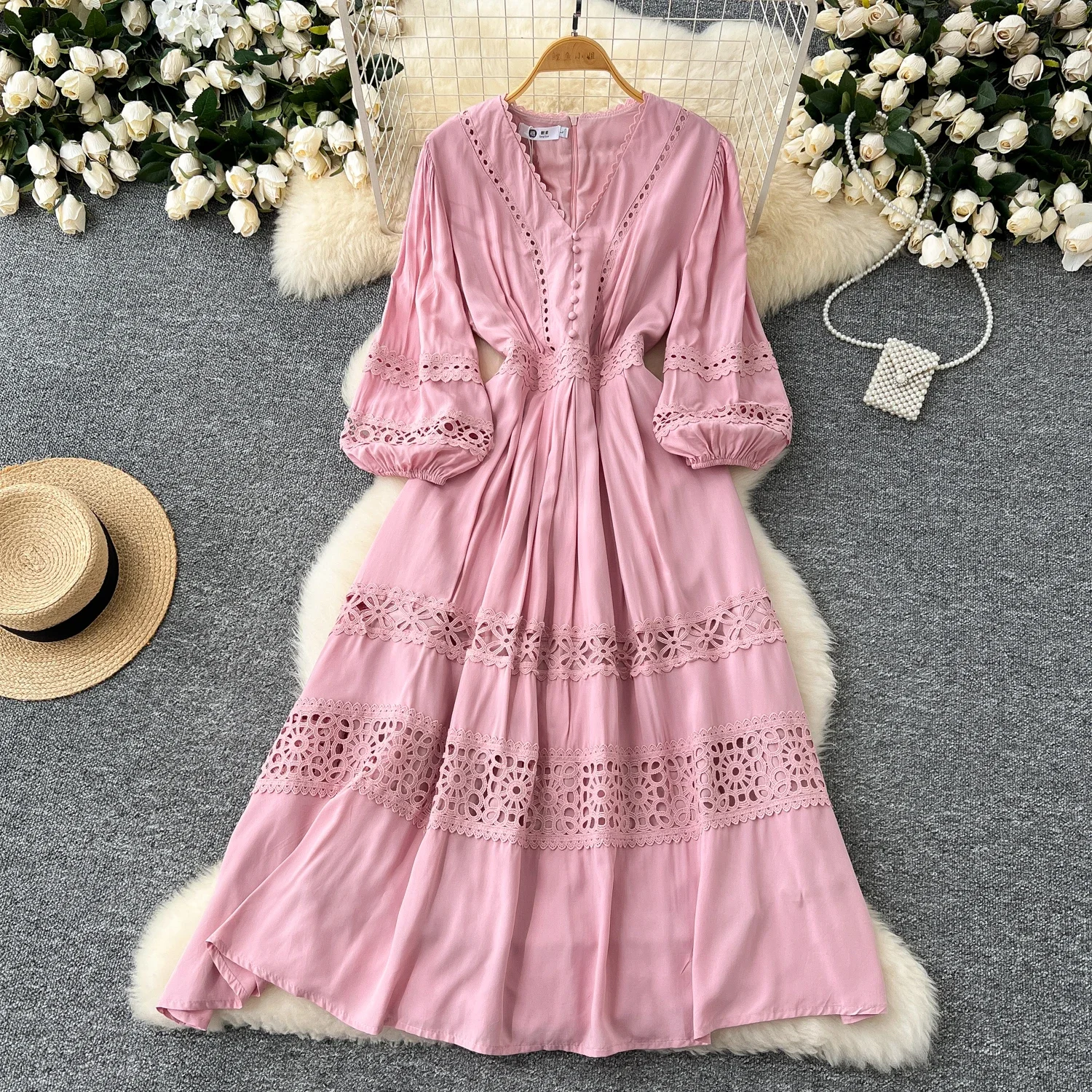 Chic Korean Hollow Out Lace Spliced Sexy V-neck Long Lantern Sleeve Slim Dress Vintage Women High Street Autumn Winter Clothing