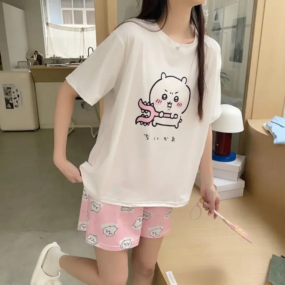 2025 Kawaii Chiikawa Vrouwen Zomer Pyjama Pak Puur Katoen Anime Korte Mouwen Shorts Hachiwares Leuke Cartoon Meisjes Homewear