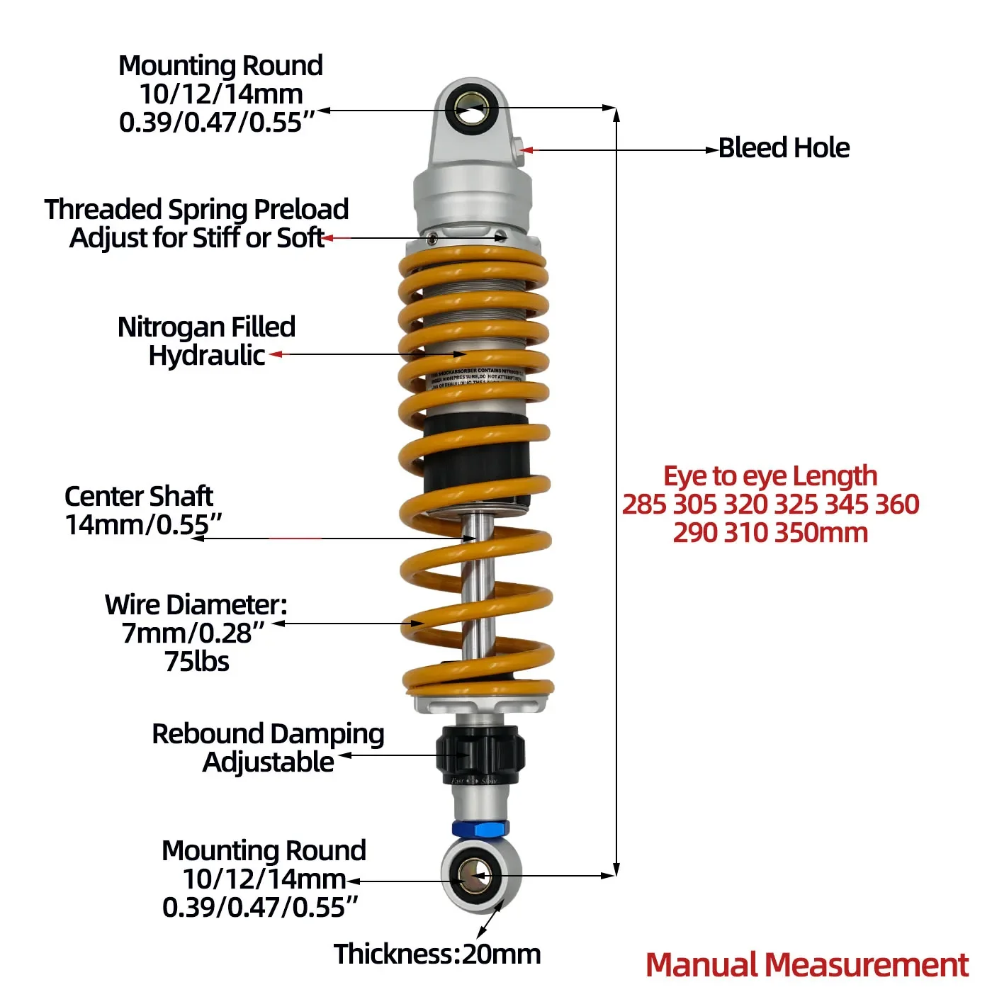 

Variety Size 360mm 285mm rear shocks for Yamaha GT150/Longjia XDV 250/300/Honda NS150LA/CGX150/CG125/CM125/GN125/AE4/AE5i/AE8