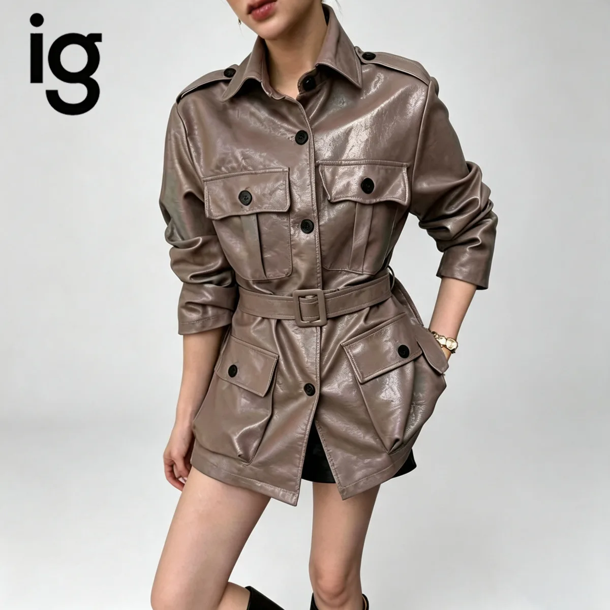 IG Women Utility Field Jacket, Lapel Collar, Waist Belt Tie Multi Pockets, Button‑Down Long Sleeve Casual Safari Style Outerwear