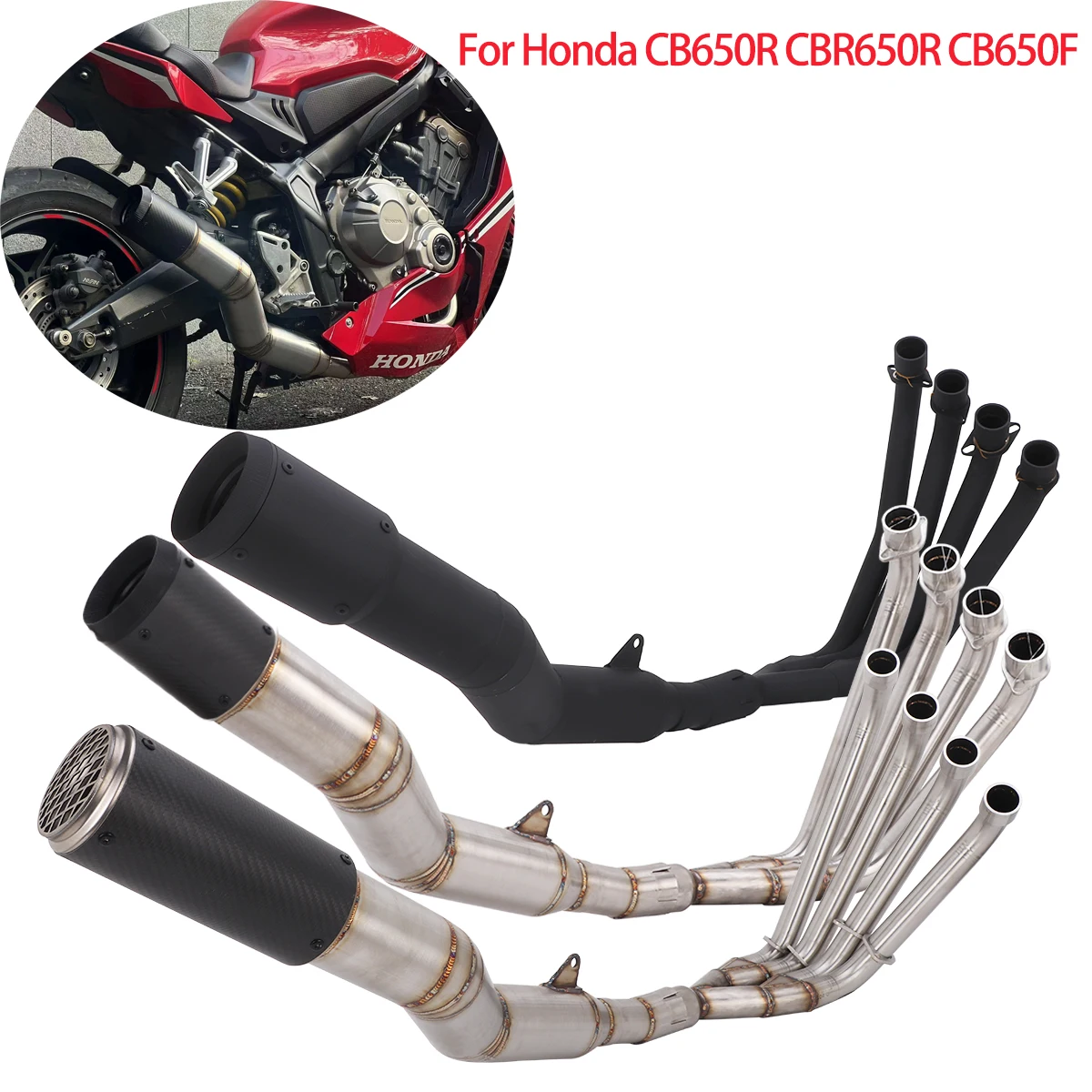 Full Exhaust Systems Pipe 76mm For Honda CBR650R CB650R 650F CBR650F Moto Modify Escape Carbon Muffler Link Front Pipe Loud