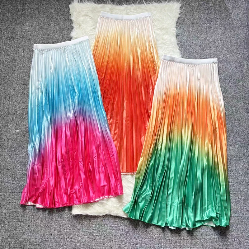 

New Brand Designer Women Spring Summer Elegant Chic Rainbow Pleated Skirt High Waist Luxury Fashion With Elastic Female