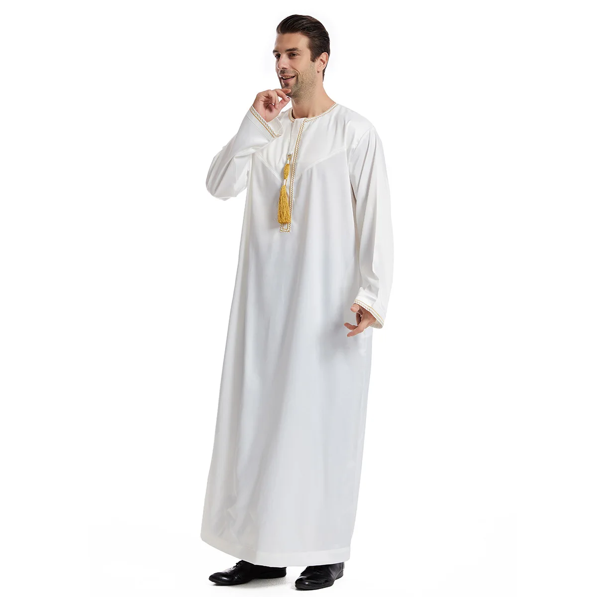 Men’S Muslim Robe Long Sleeve Islamic Clothing Middle East Thobe Arabia Kaftan Round Neck Dress Male Costume Prayer Abaya