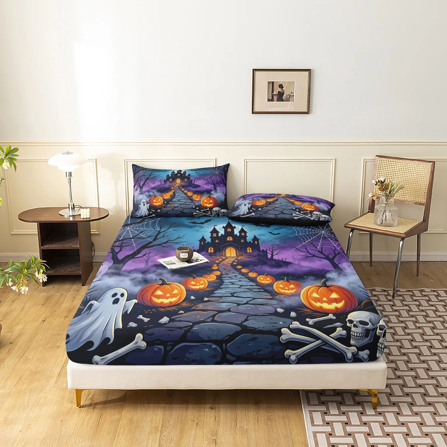  3 Pieces Halloween Holiday Print Fitted Sheet Set, Spooky Haunted Castle Ghost Pumpkin Skull Purple Night Print Bedding