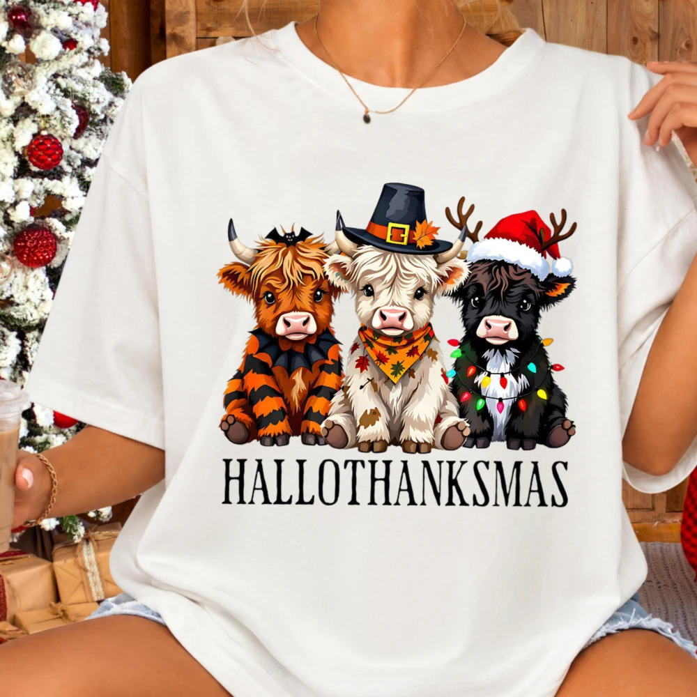 Hallothanksmas Shirt Fall Cow Tshirt Spooky Season Tee Christmas Apparel Farmer Gift Unisex Cotton Tees Casual Holiday Shirt