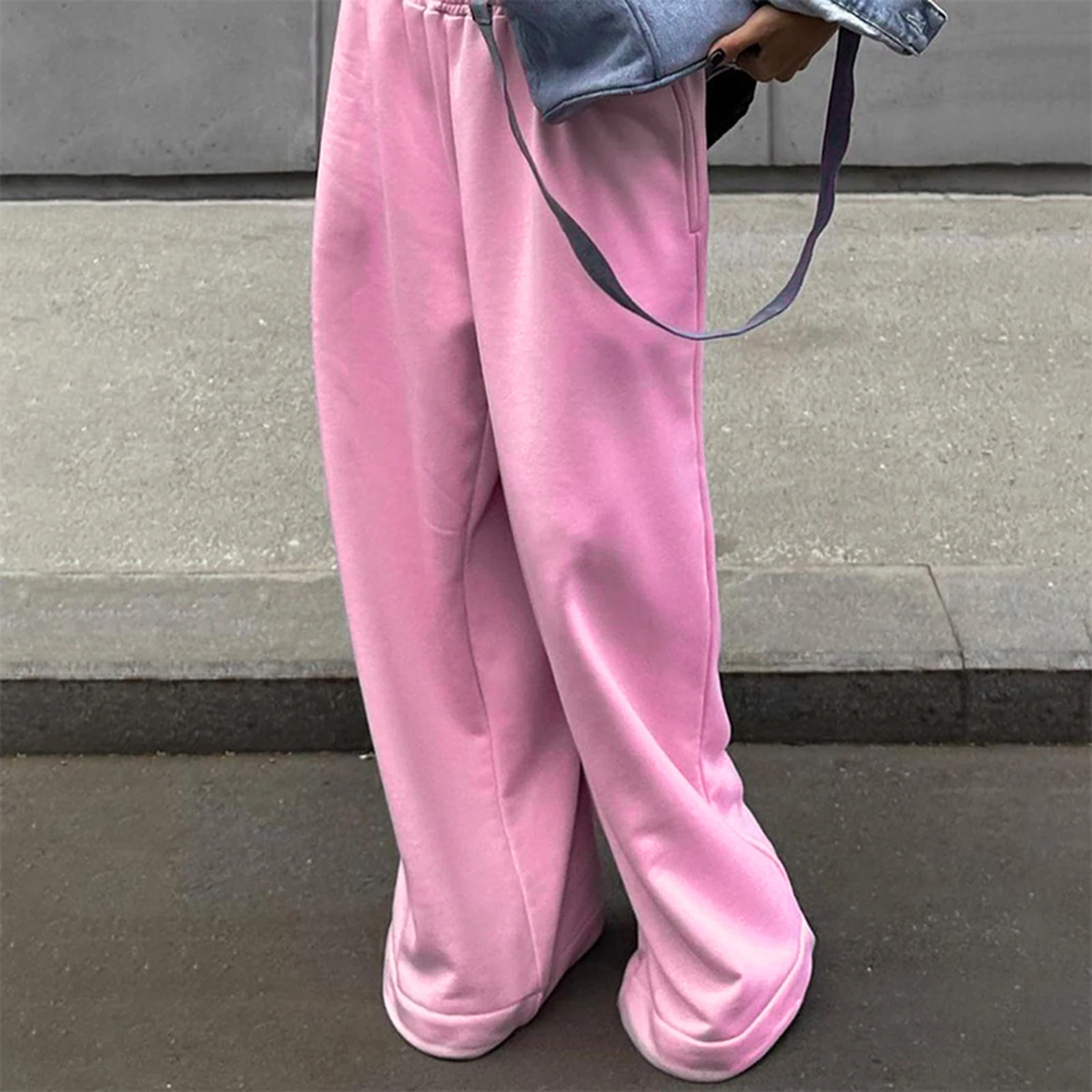 Women's Casual Baggy Pants Pink Elastic Waistband High Waist Cargo Pants Jogger Pants with Pockets Sweatpants Streetwear