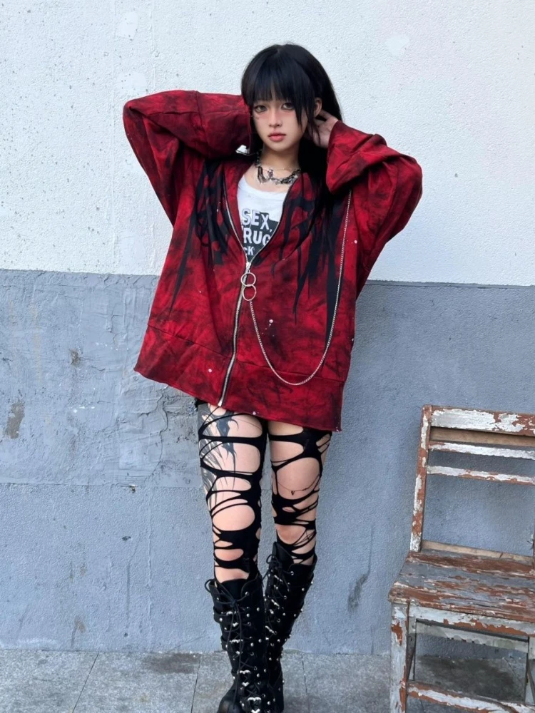 Y2k Aesthetic Printing Punk Hoodies Women Grunge Loose Pocket Oversized Hooded Hoody Harajuku Streetwear Emo Zipper Sweatshirts