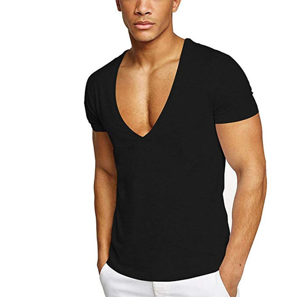 Casual Summer Short Sleeve T Shirt For Men Undershirt Deep V Neck Slim Fit Clubwear Solid Color Sports Tee Tops T-Shirt Clothing