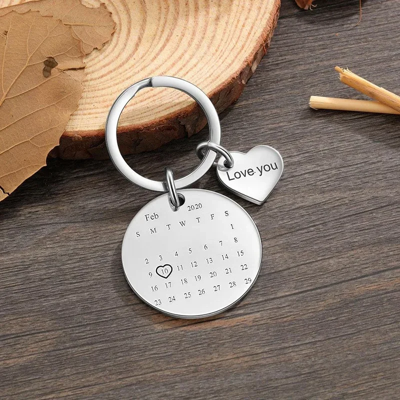 Personalized Stainless Steel Photo Keyrings Custom Engrave Date Calendar Keychains for Lover Husband Anniversary Gift 2023