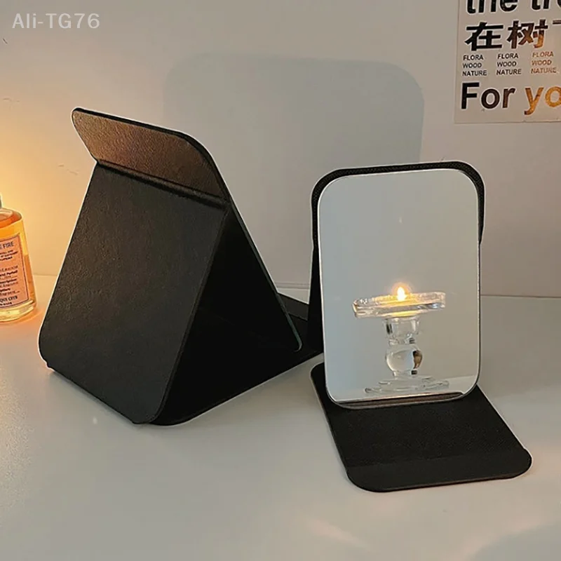 Miroir de maquillage de bureau Portable, couleur unie, cuir PU noir, pliable, Compact, mignon, pour étudiant
