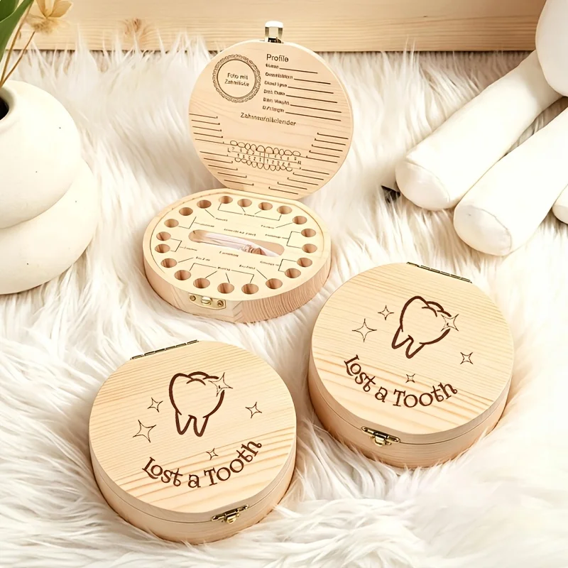 2D Children's Round Wooden Circular Tooth Box Star Patterned Hole-Punching Design for First Tooth Storage Gift