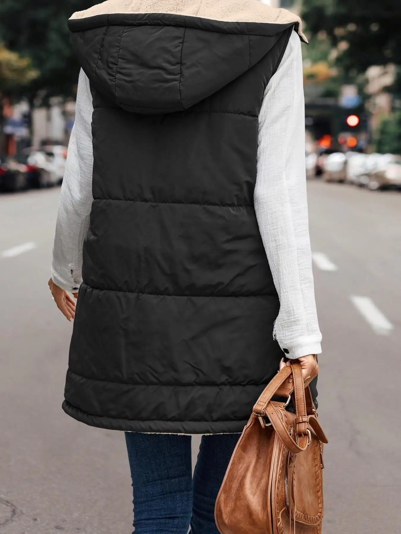 Women's Warm Reversible Hooded Puffer Vest Fleece Lined Sleeveless Zip Up Winter Gilet