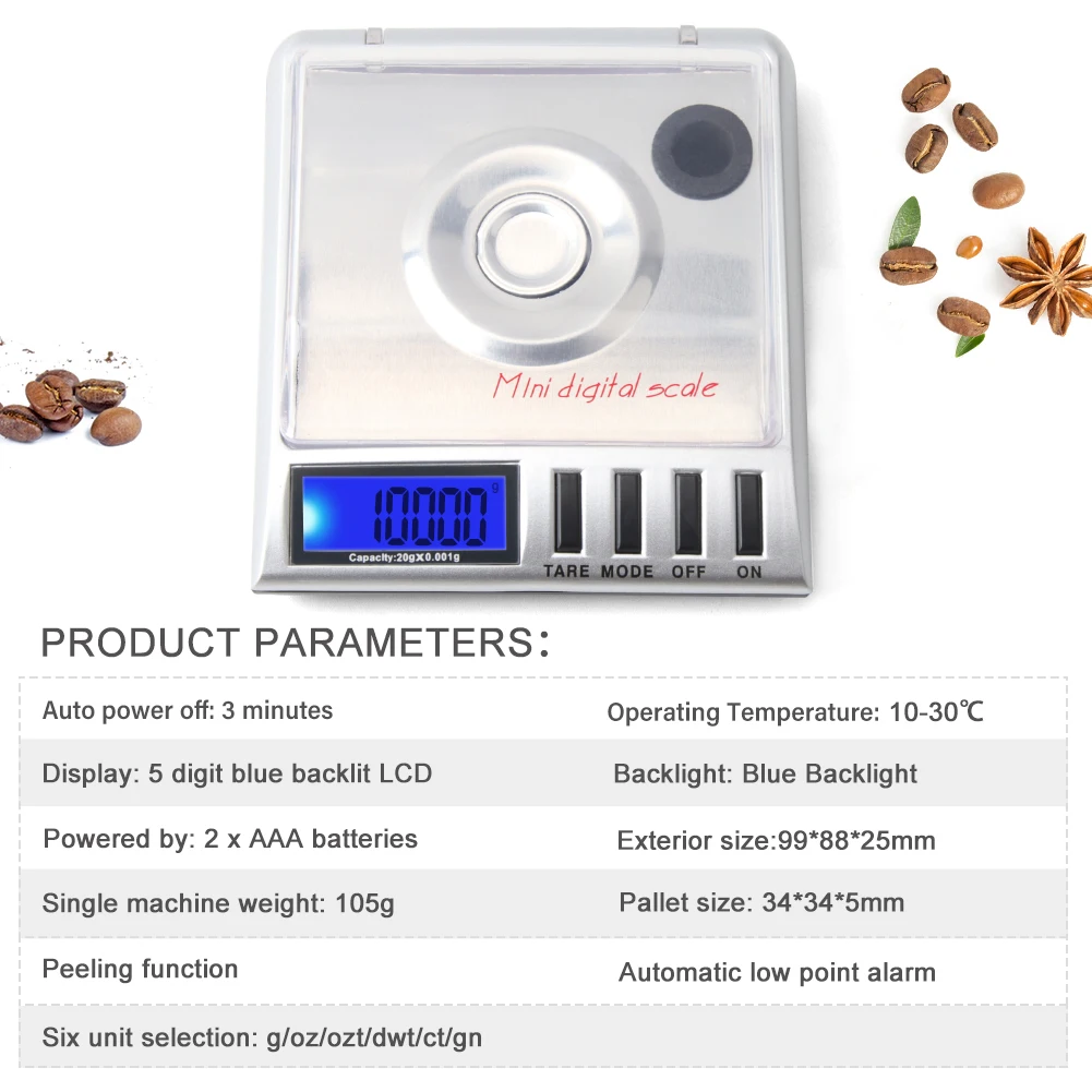 10g 20gx0.001 Mini Digital Pocket Jewelry Scale High Precision Diamond Gem Scales Electronic Balance Standard Weights Included